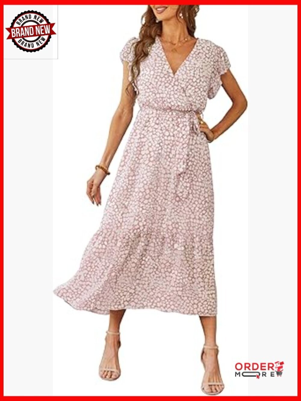 Boho Floral Maxi Dress Wrap V Neck Ruffle Short Sleeve Beach Wedding Guest